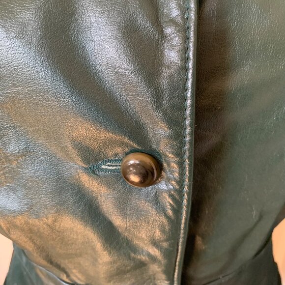 VTG Dark Green Genuine Leather Coat Jacket Sz S Fitted Pockets Unlined *Flawed* - Picture 2 of 8